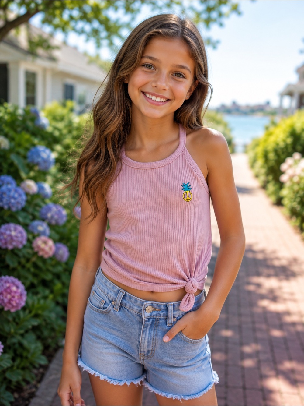 Old Navy Pink Ribbed Knot Tank with Pineapple Patch